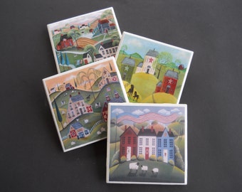 Folk Art Coasters ~ Prim Coasters ~ Primitive Decor ~ Ceramic Tile Coasters ~ Home Decor ~ Housewarming Gift ~ Shower Gift ~ Drink Coasters