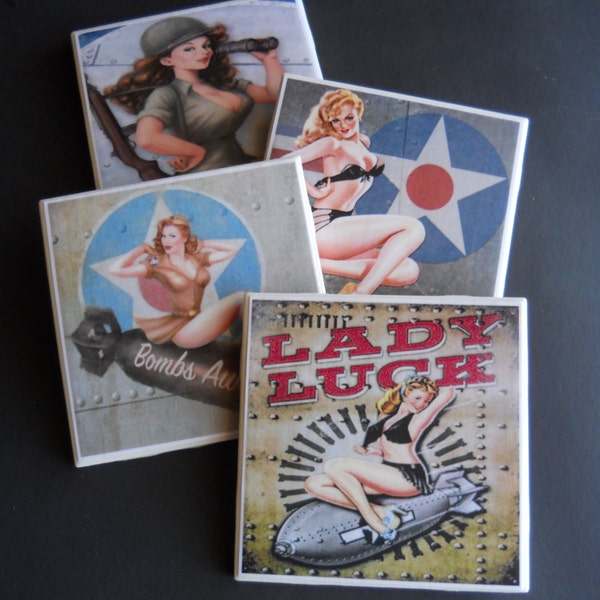 Military Pin Up Girls ~ Nose Art ~ Ceramic Tile Coasters ~ Military Collector Gift ~ Bar Coasters ~ Bar Decor ~ Retro Pin Up Girls