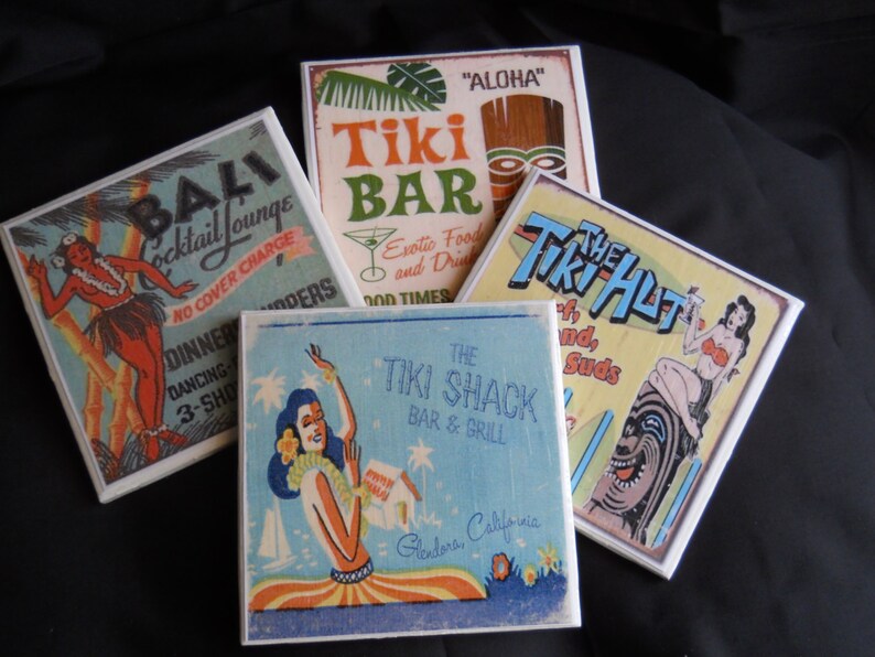 Tiki Bar Coasters Tiki Hut Coasters Ceramic Tile Coasters Beach Decor Housewarming Gift Drink Coasters Retro Bar Decor image 1