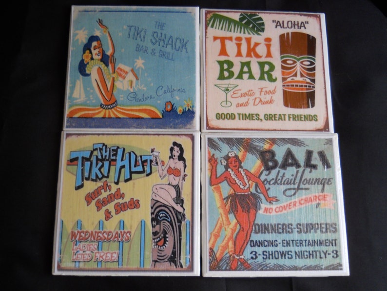 Tiki Bar Coasters Tiki Hut Coasters Ceramic Tile Coasters Beach Decor Housewarming Gift Drink Coasters Retro Bar Decor image 2