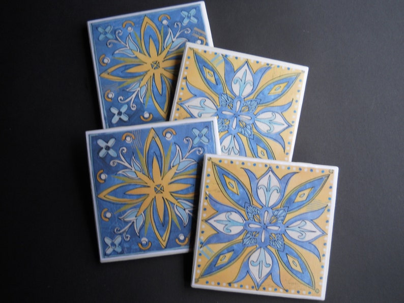 Spanish Tile Coasters Blue and Yellow Coasters Mexican Etsy