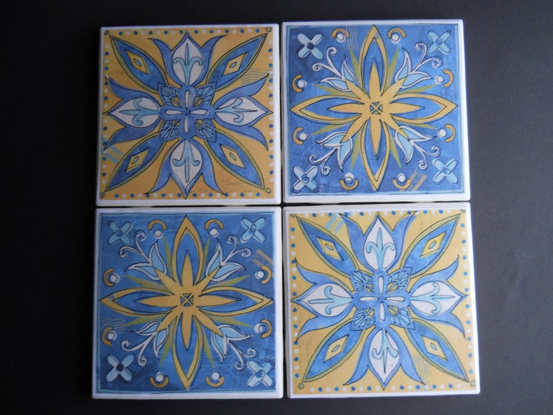 Spanish Tile Coasters Blue and Yellow Coasters Mexican Etsy