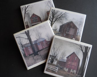 Red Barns ~ Barn Coasters ~ Barns with American Flags ~ Antique Barns ~ Country Rustic Decor ~ Americana Decor ~ Ceramic Tile Coasters