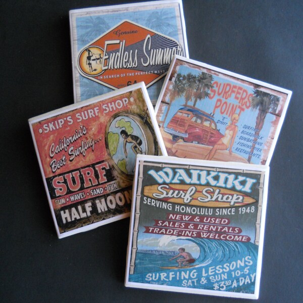 Surfing Coasters ~ Ceramic Tile Coasters ~ Vintage Surfing ~ Beach Decor ~ Bar Coasters ~ Drink Coasters ~ Bar Decor ~ Summer Decor