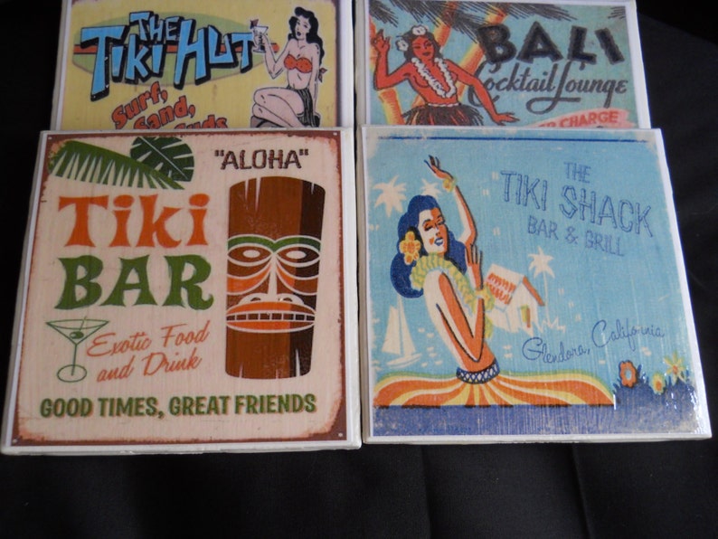 Tiki Bar Coasters Tiki Hut Coasters Ceramic Tile Coasters Beach Decor Housewarming Gift Drink Coasters Retro Bar Decor image 5