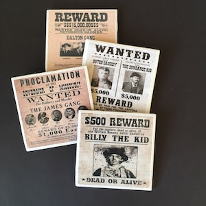 Western Coasters ~ Cowboy Wanted Posters ~ Western Decor ~ Outlaw Cowboys ~ Ceramic Tile Coasters ~ Drink Coasters ~ Coaster Set ~