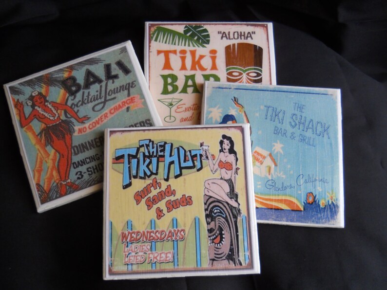 Tiki Bar Coasters Tiki Hut Coasters Ceramic Tile Coasters Beach Decor Housewarming Gift Drink Coasters Retro Bar Decor image 3