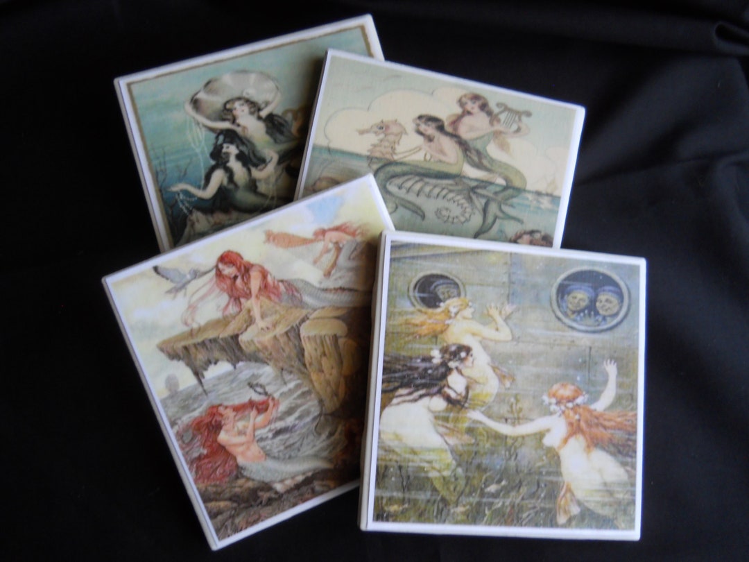 Mermaid Coasters Ceramic Tile Coasters Vintage Mermaid Art Etsy