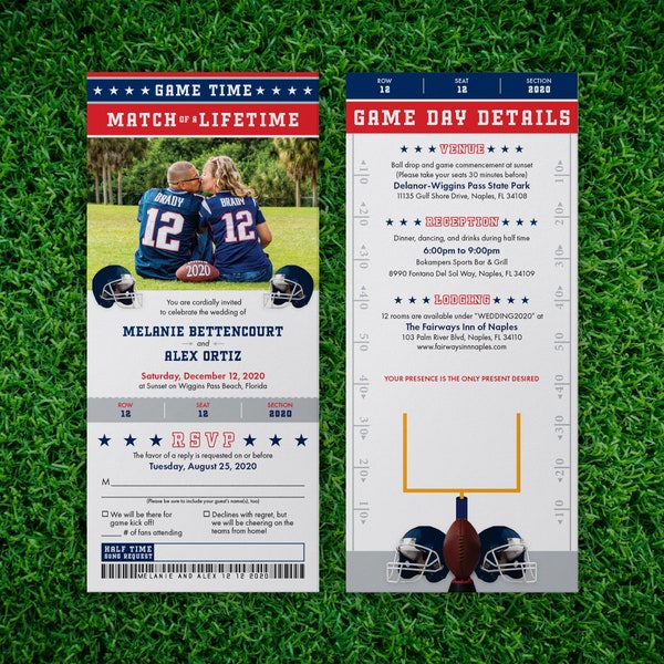 Personalized Football Theme Wedding Ticket Invitation with RSVP Stub