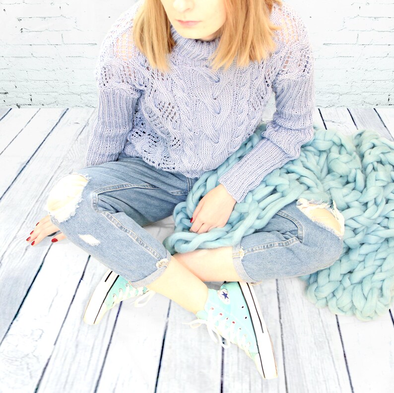 Aran cotton sweater Knit sweater Hand knitted sweater Blue cotton sweater Gift for her