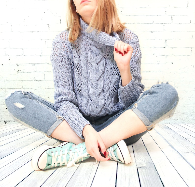 Aran cotton sweater Knit sweater Hand knitted sweater Blue cotton sweater Gift for her