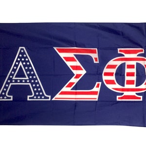 May include: A blue flag with the letters AΣΦ in white with red and white stripes inside the letters. The letters are outlined in white.