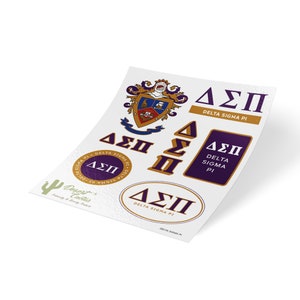 May include: A sheet of stickers featuring the Delta Sigma Pi fraternity logo in various designs. The stickers are white with gold and purple accents. The text "Delta Sigma Pi" is included on the stickers.