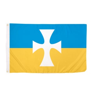 May include: A blue and yellow flag with a white cross in the center. The cross has rounded edges and is centered on the flag.