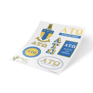 Alpha Tau Omega Fraternity Traditional Crest and Letter Sticker Decal Laptop Water Bottle Car (Sheet)