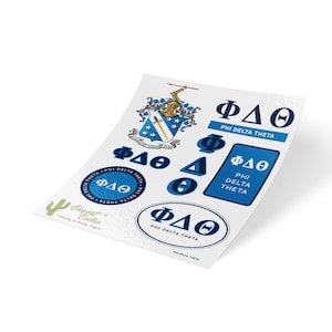 May include: A sheet of Phi Delta Theta stickers in various shapes and sizes. The stickers are primarily blue and white, featuring the fraternity's Greek letters and crest. The sheet includes the text "PHI DELTA THETA".