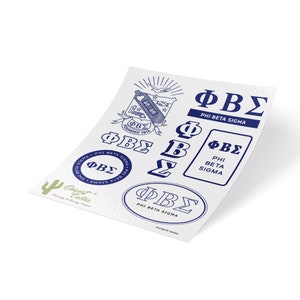 May include: A sheet of blue and white stickers featuring the Greek letters ΦΒΣ, which stand for Phi Beta Sigma. The stickers include various designs, including a crest, a circle, an oval, and a rectangle. The text "Phi Beta Sigma" is also included on the sheet.