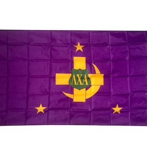 May include: A purple flag with a gold cross and crescent moon. The cross has a green shield with the letters "AXA" inside. There are five gold stars on the flag.