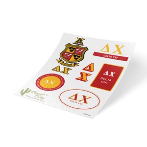 May include: A sheet of stickers featuring the Delta Chi fraternity crest and various logos. The stickers are red, yellow, and black with the text "Delta Chi" on several of them.