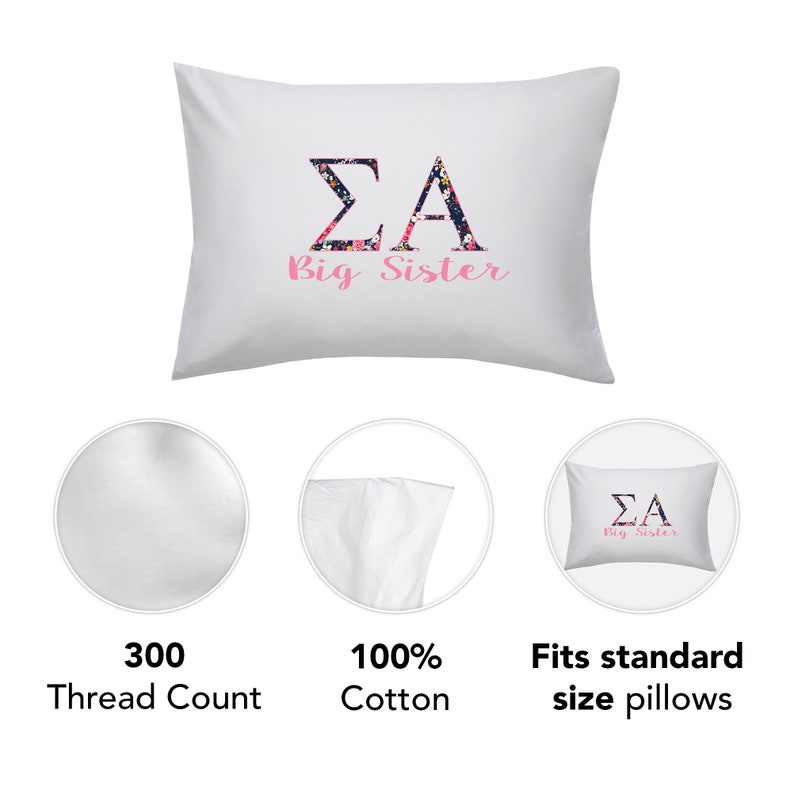 Sigma Alpha Floral Letters Big Little or Custom Pillowcase 300 Thread Count