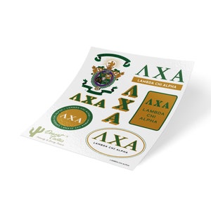 May include: A sheet of stickers featuring the Greek letters ΛΧΑ (Lambda Chi Alpha) in green and gold. Various designs include the letters, a crest, and the full name. The stickers are from Desert Cactus Fraternity & Sorority Products.