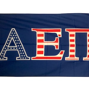 May include: A blue flag with the letters AEP in white outlined in white. The letters are filled with red and white stripes, resembling the American flag.