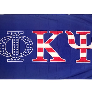 May include: A blue flag with the letters "ΦΚΨ" in white outlined in red. The letters are filled with red and white stripes, resembling the American flag.