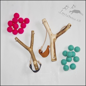 Sister and Brother - Set of two Natural Fork Slingshots with Felted balls - boy and girl