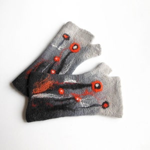 Felted mittens, Hand felted fingerless mittens, felted long gloves, felted wirst warmers, gray orange gloves, mittens
