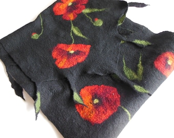 Felted scarf ,hand  felted scarf , wool scarf,  merino wool scarf,black red poppy, OOAK scarf, one of the kind, unique scarf ,poppy scarf