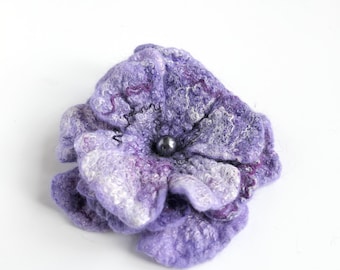 Felted flower brooch, hand felted wool pin, violet lavender OOAK flower pin to scarf, hat