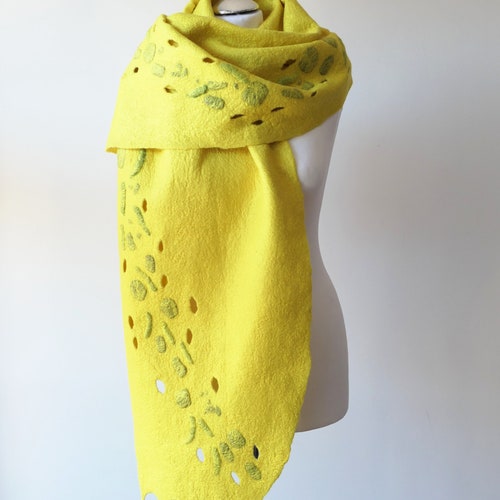 Lemon warm merino wool scarf, hand shops felted , OOAK scarf, one of the kind, unique scarf ,gifr for her, for christmas