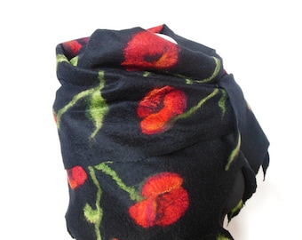 Felted scarf ,hand  felted scarf , wool scarf,  merino wool scarf,black red poppy, OOAK scarf, one of the kind, unique scarf ,poppy scarf