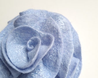 Large rose flower brooch, sky-blue floral hand felted merino wool pin, glowing felt jewelry, gift for her, eco-chic