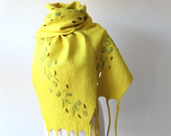 Lemon warm merino wool scarf, hand felted , OOAK scarf, one of the kind, unique scarf ,gifr for her, for christmas