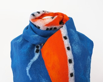 Felted wool scarf orange blue,hand  felted winter shawl,  warm merino wool scarf for women, one of the kind, unique scarf ,gift for her