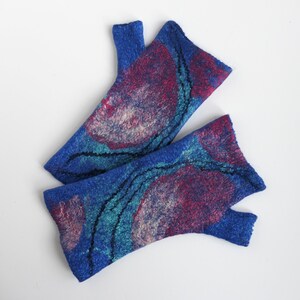 Blue wool felt fingerless mittens for women, wool arm warmers, warm, winter long gloves, handmade, gift for her, eco friendly