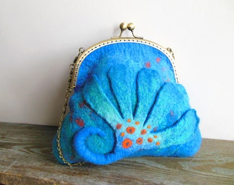 Felted bag Hand felted bag blue purse  pouch  metal frame purse, wool felted, OOAK bag, designer bag, one of the kind bag