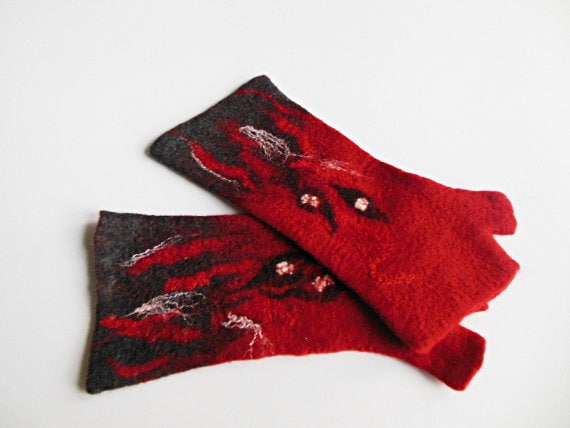 Gefilzte Armstulpen, Handgefilzte Fingerlose Handschuhe, Gefilzte Lange Rot Schwarze Handschuhe