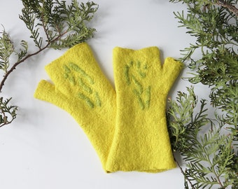 Lemon wool mittens for woman, fingerless mittens, fingerless gloves,felted wool mittens,,Hand felted,long gloves, hand made, gift for her