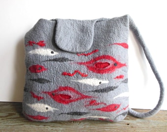 Felted bag, hand felted wool tote bag purse, unique handbag, designer's art bag OOAK gray red white design bag