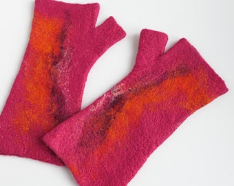 Pink orange wool felt fingerless mittens for women, wool arm warmers, warm, winter long gloves, handmade, gift for her, eco friendly