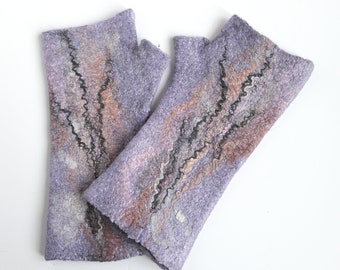 Lilac wool felt fingerless mittens for women, wool arm warmers, warm, winter long gloves, handmade, gift for her, eco friendly