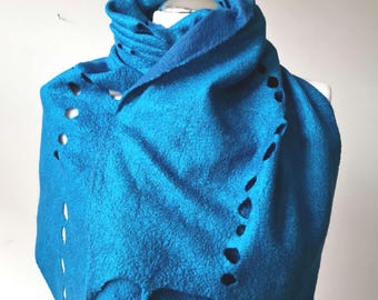 Reversible merino wool scarf for women turquoise tones, wool viscose blend hand felted wool shawl, handmade wrap for fall winter, gift