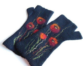 Felted mittens,fingerless mittens,fingerless gloves,wool mittens,Poppy mittens,Hand felted,long gloves, hand made, black red