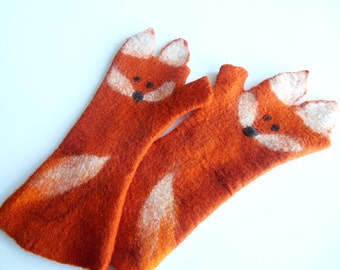 Felted fox mittens,fingerless mittens,fingerless gloves,wool mittens,fox mittens,Hand felted,long gloves, hand made,