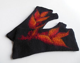 Felted mittens , Hand felted fingerless mittens, felted long gloves, felted wirst warmers,black with orange gloves,  mittens