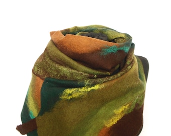 Merino wool scarf for women green brown, hand felted wool shawl, handmade wrap for fall winter,