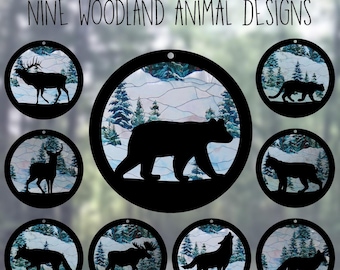 Car Rearview Mirror Suncatcher Charm | Woodland | Bear, Bobcat, Deer, Elk, Fox, Moose, Mountain Lion, Wolf | Stained Glass Snowy Hills