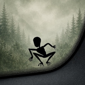 May include: Black silhouette of an alien creature in a squatting position. The alien is set against a backdrop of a misty forest with tall evergreen trees. The image has a vintage, slightly faded aesthetic.